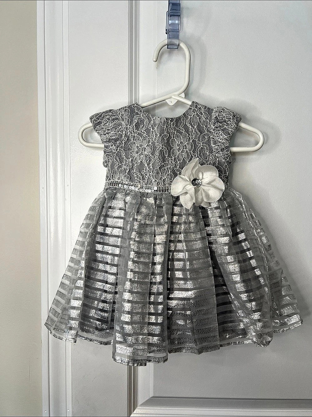 Sweet Heart Rose Baby Formal Lace Dress Gray & White Newborn 6-9M